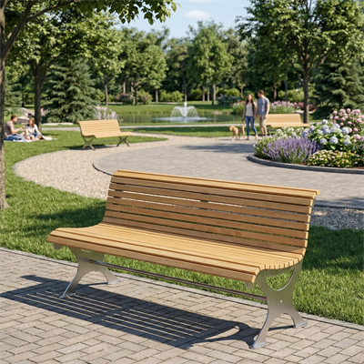 Modern Metal Leg Iroko Wood Bench