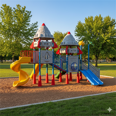 Roket Temalı Çocuk Oyun Parkı 8x5m, Üç Kaydıraklı Model