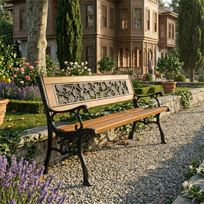 Wooden Park Bench with Ivy Pattern Cast Backrest and Legs