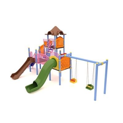 Dış Mekan Çocuk Oyun Parkı 9.5x5.5m, Üç Kaydıraklı Klasik Model