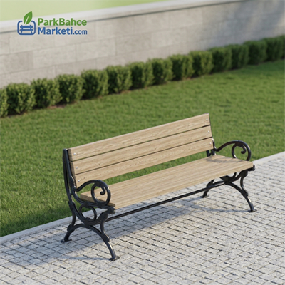 Wooden Park Bench with Long Wide Curved Cast Armrests