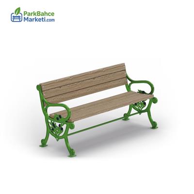 Yeşil Döküm Ayaklı Motifli - Kolçaklı Ahşap Dış Mekan Oturma Bankı