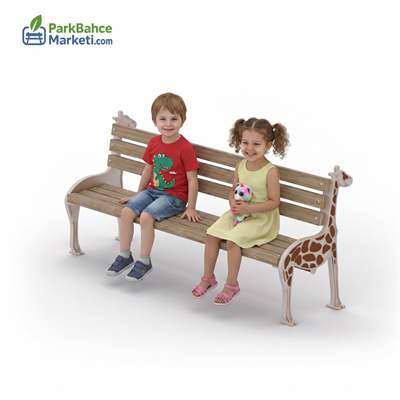 Zürafa Figürlü Arkalıklı Ahşap Oturma Bankı
