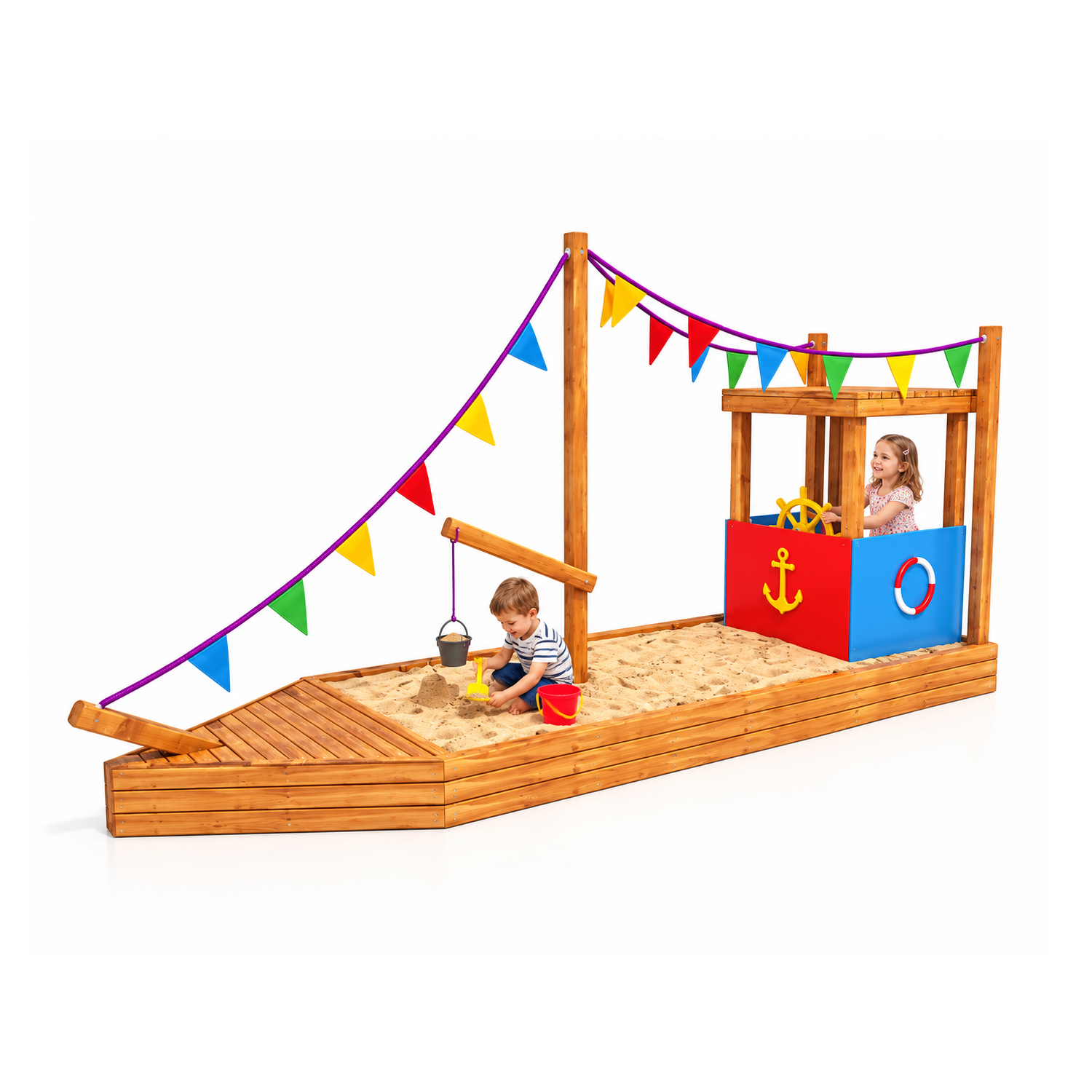 Wooden Children's Sand Ship Playground SG28 – Play Area with Colorful Flags