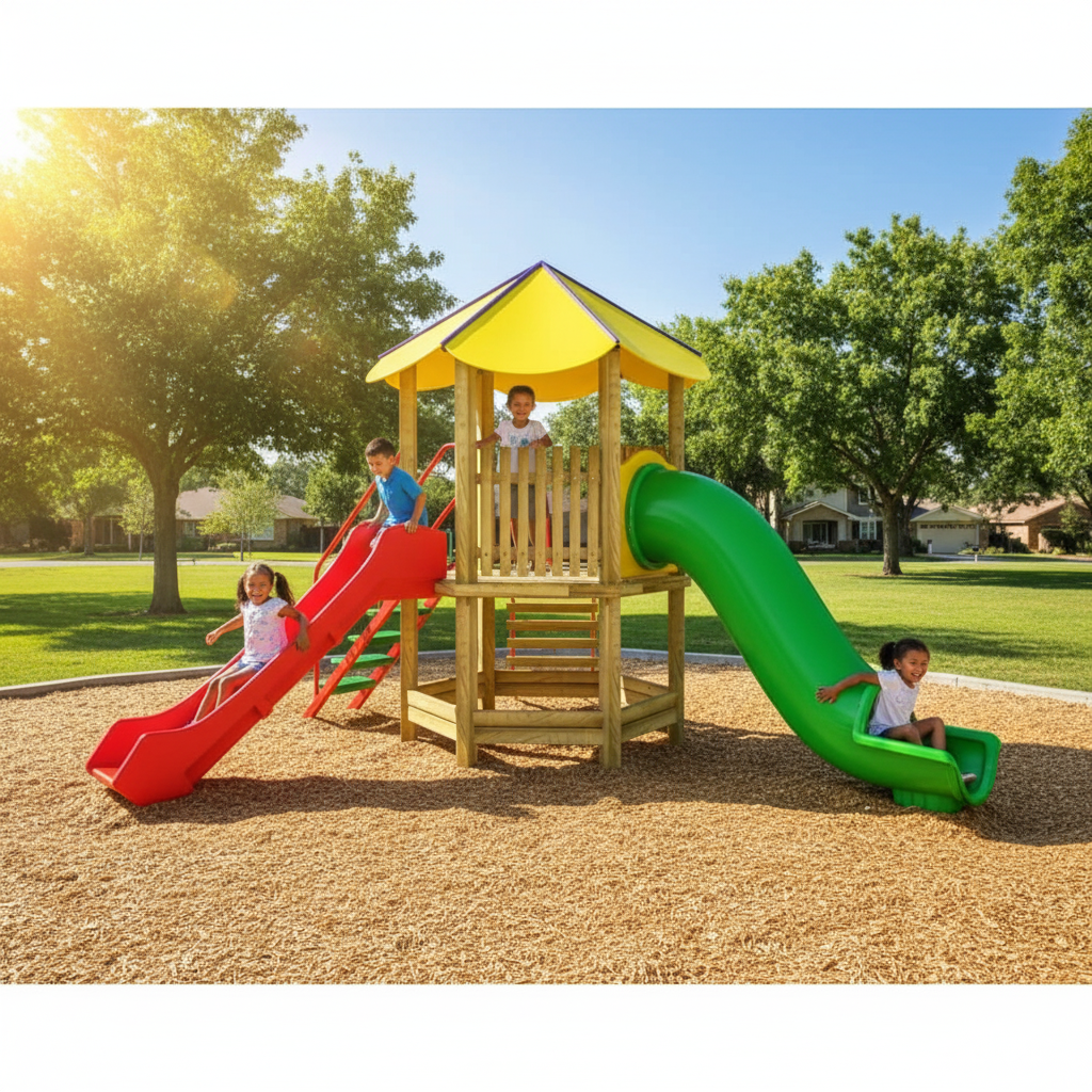 Ahşap Çocuk Oyun Parkı SG03, Bir Kuleli İki Kaydıraklı Model