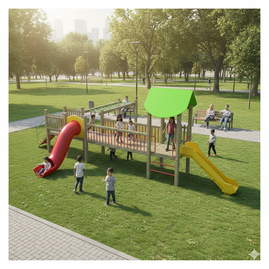 Ahşap Çocuk Oyun Parkı SG07, İki Kaydıraklı Model