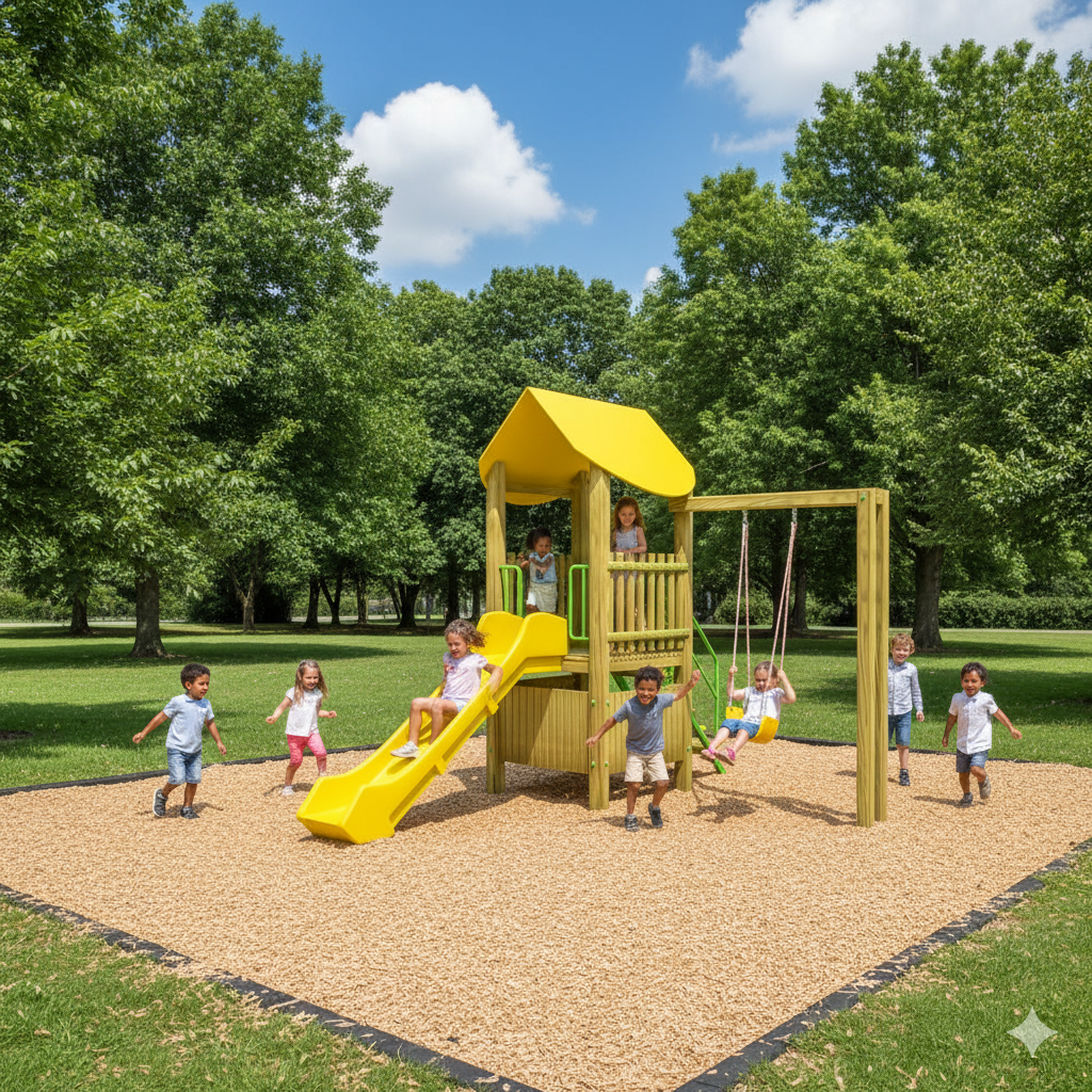 Wooden Outdoor Playground – SG09  | Single Tower with Slide and One Swing