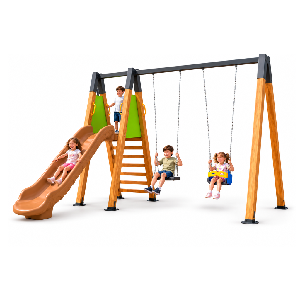 Wooden Outdoor Playground – SG0938  | Single Slide with Double Swing