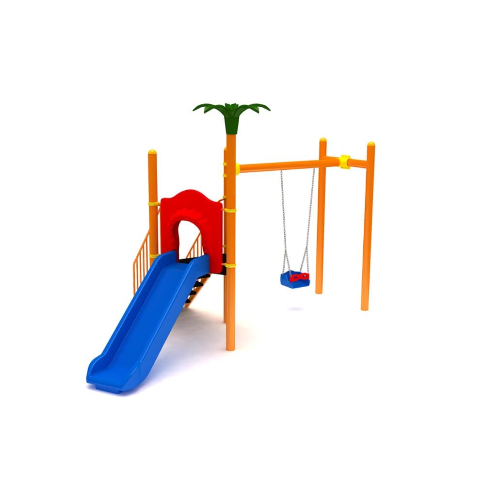 Single-Tower Playground Set with Slide, Swing, and Palm Tree Figure – PBM-01