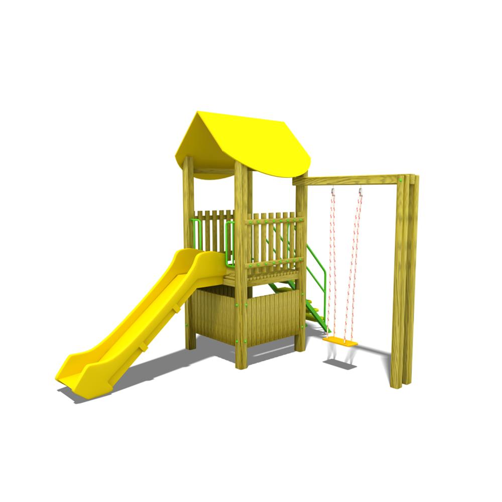 Bir Kuleli, Düz Kaydırak & Salıncaklı Ahşap Çocuk Parkı