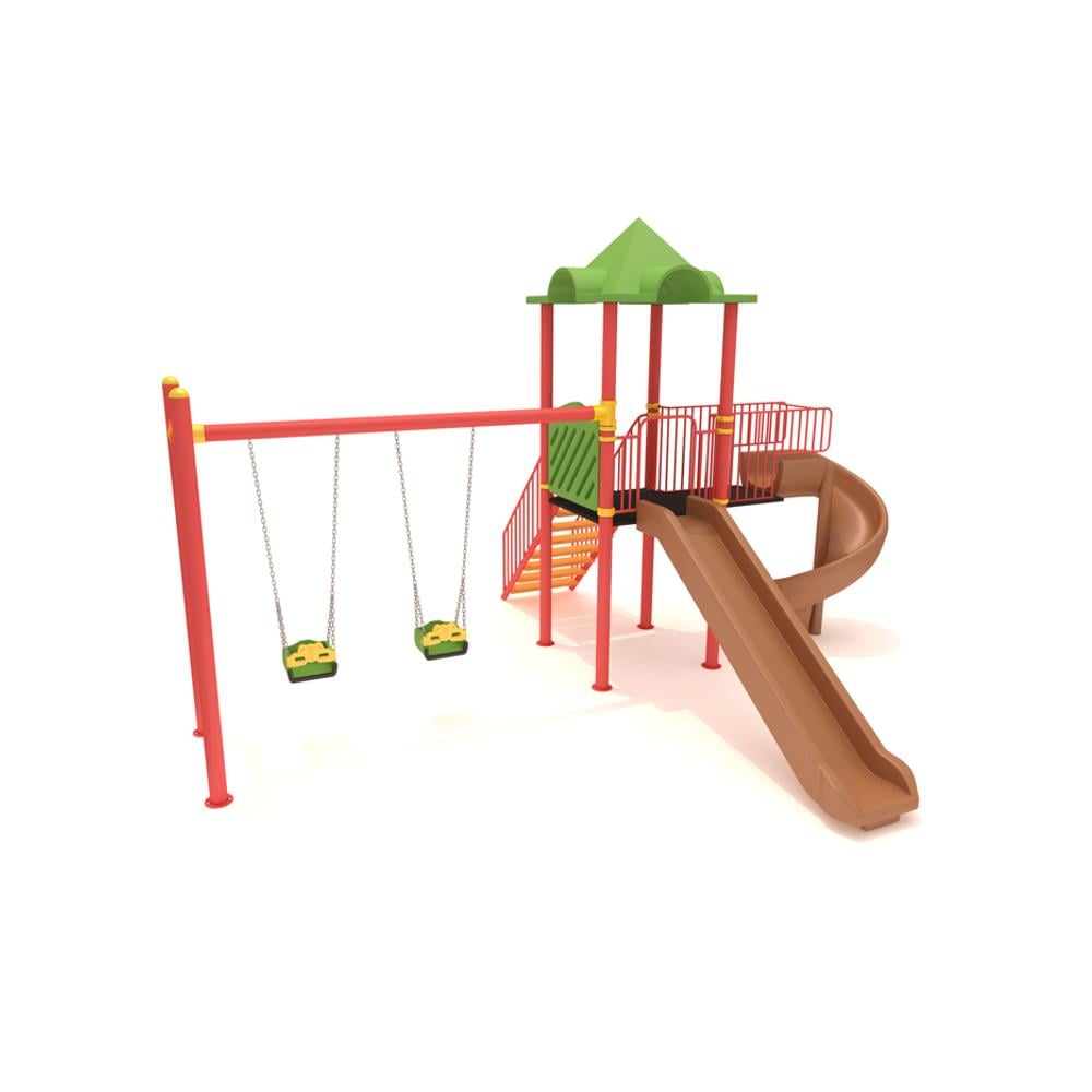Single-Tower Playground Set with Two Slides and Double Swing – BOS-02C