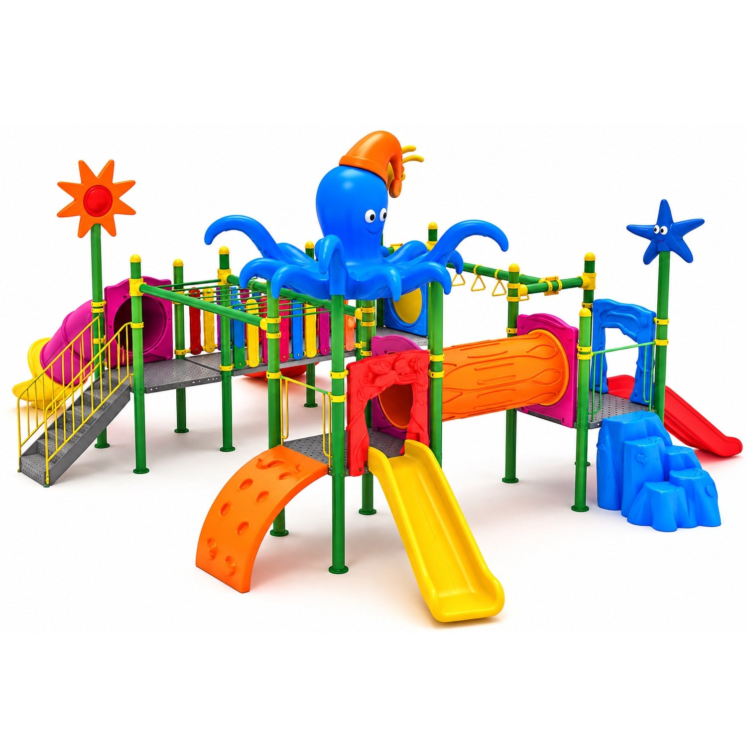 Outdoor Childrens Playground with Four Slides and Octopus Roof – 10m x 7m