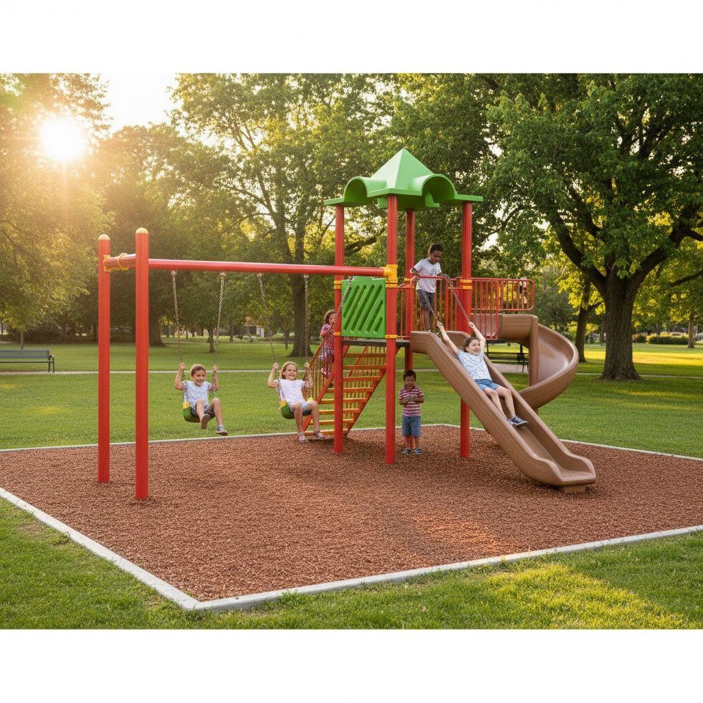 Single-Tower Playground Set with Two Slides and Double Swing