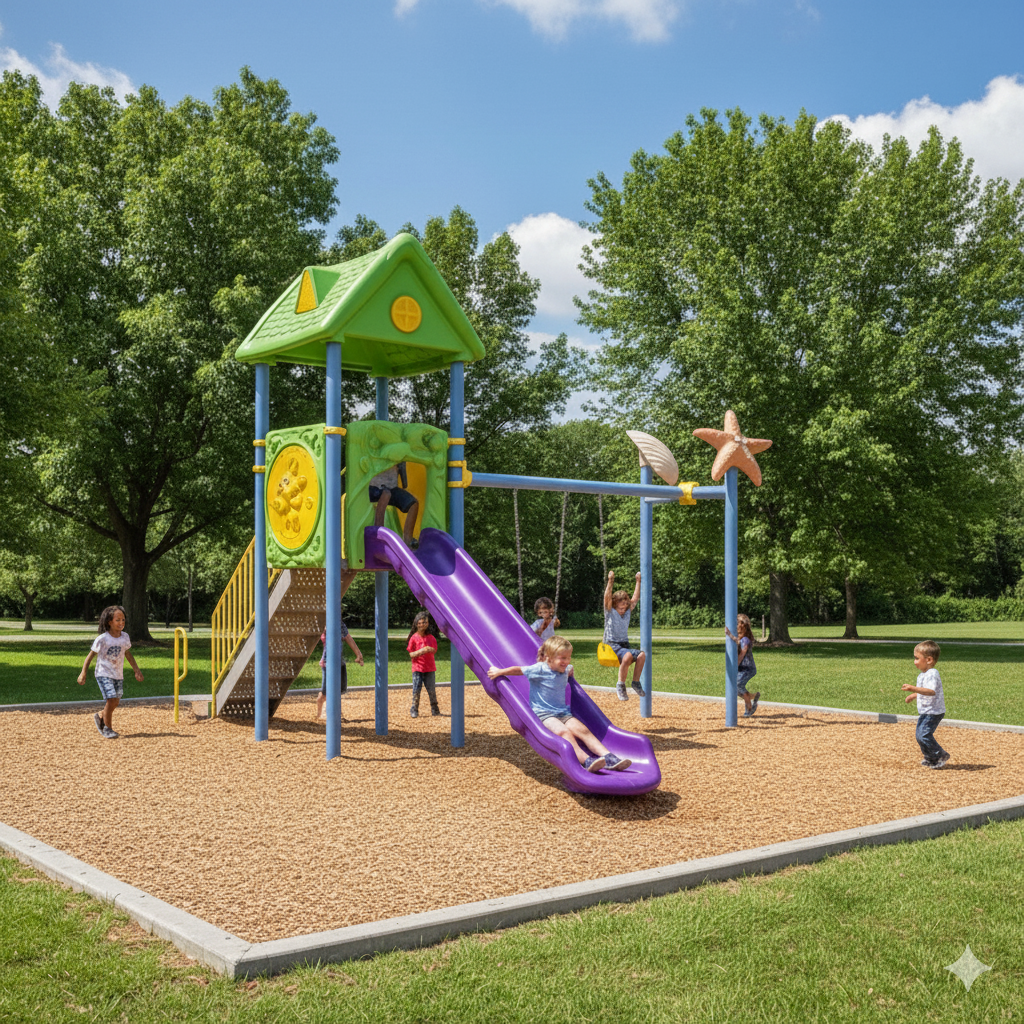 Çocuk Oyun Parkı - Tek Kaydıraklı 2'li Salıncaklı Ev Çatılı Model