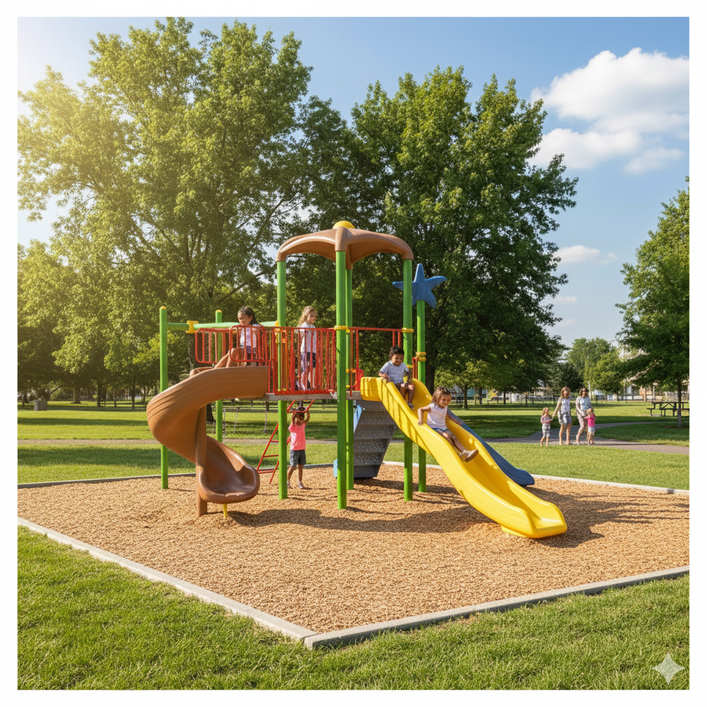 Dış Mekan Çocuk Parkı 5x5m, Üç Kaydıraklı Salıncak İlaveli Model