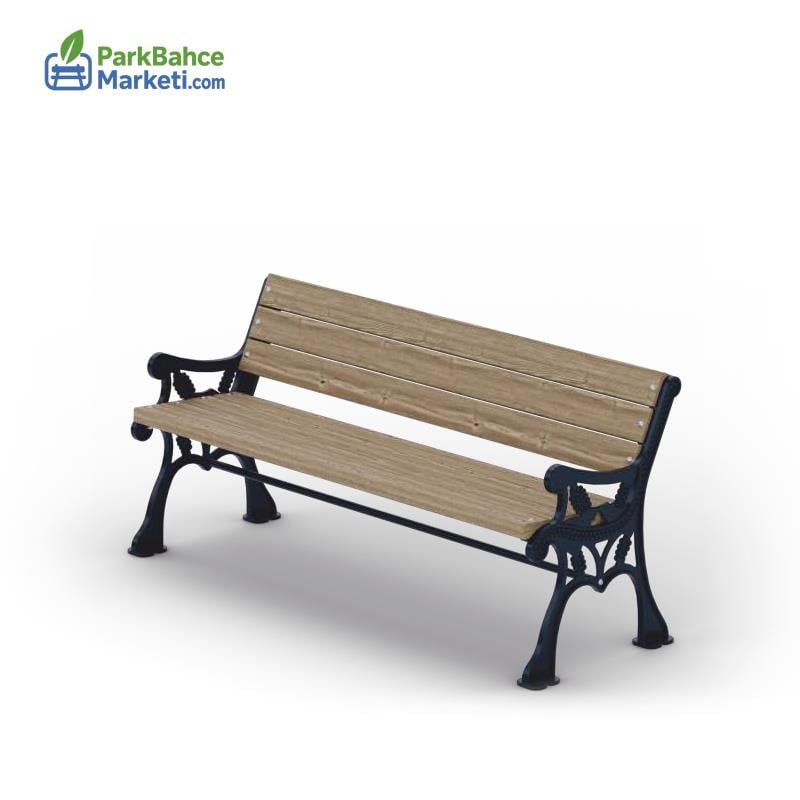 Döküm Ayaklı Ahşap Park Bankı - Kozalak Desenli ve Kolçaklı