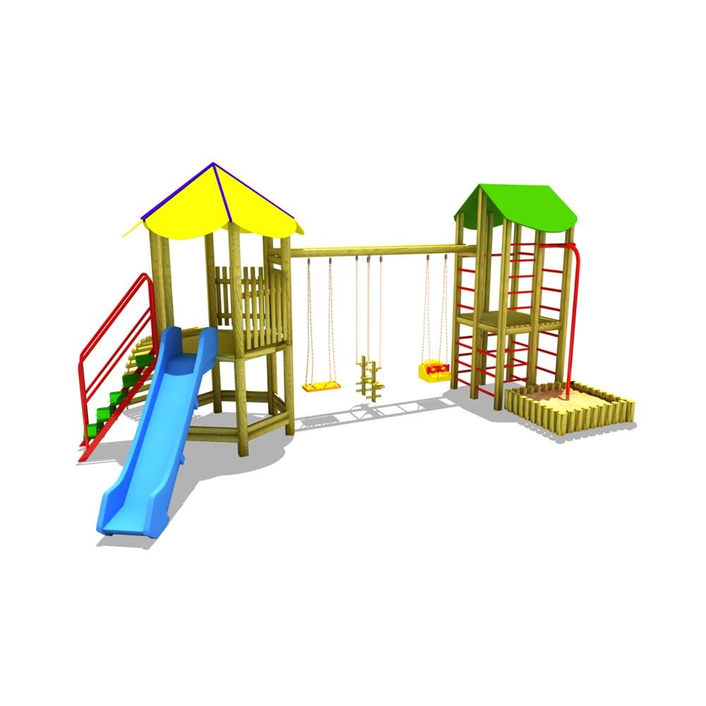 Wooden Outdoor Playground – SG02 | Two Towers with Triple Swing Set