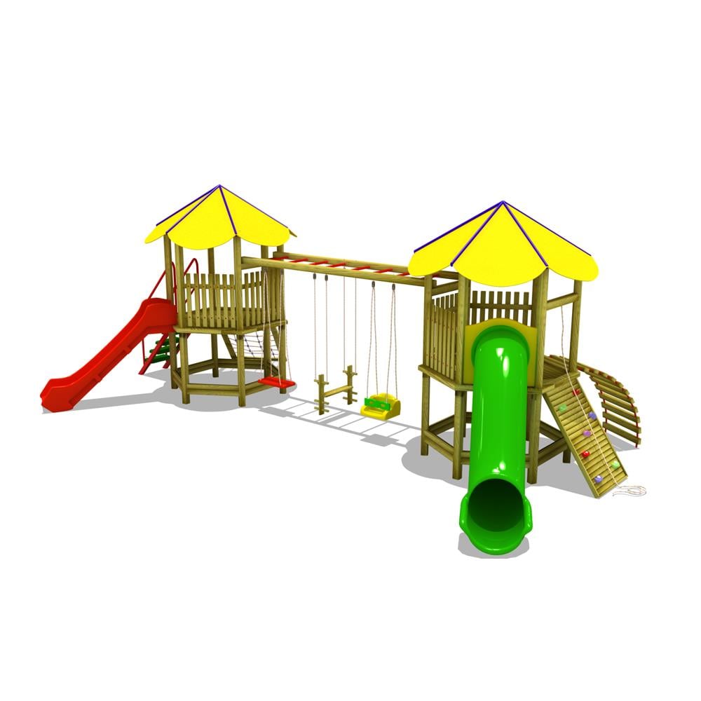 İki Kuleli, Üç Salıncaklı ve Tırmanma Aktiviteli  Ahşap Çocuk Oyun Parkı