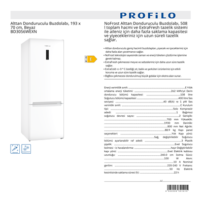 PROFİLO ALTTAN DONDURUCULU BUZDOLABI - BD3056WEXN