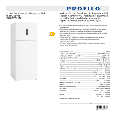 PROFİLO ÜSTTEN DONDURUCULU BUZDOLABI - BD2076WEXN 