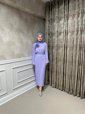 Gül Detaylı Lila Elbise