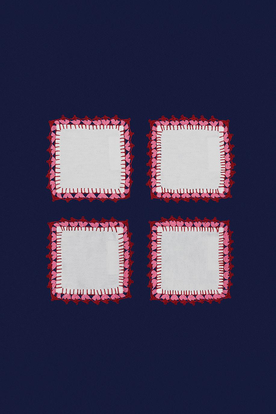 4'lü Dantel İşlemeli Kırmızı-Pembe Bardak Altlığı