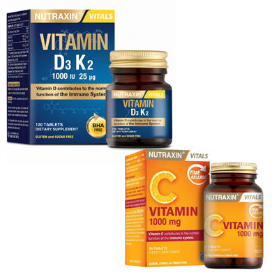 Nutraxin Vitamin D3K2 1000 IU 120 Tablet & Nutraxin Vitamin C 1000 mg 30 Tablet Fiyatları - Modern Eczane