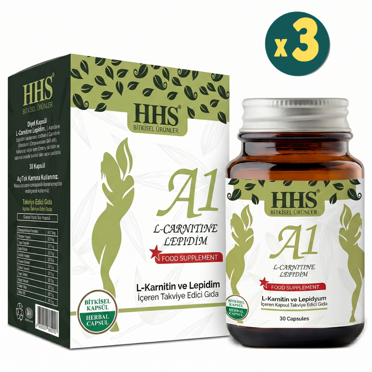 HHS New A1 L-Carnitine Lepidium Cam Şişe 30 Kapsül 3 Adet