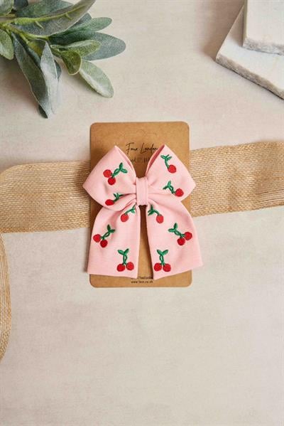 Kiraz Nakışlı Pembe Mini Fiyonk Toka