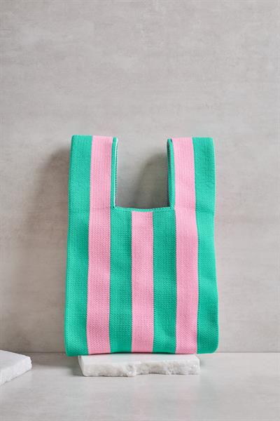 Yeşil-Pembe Çizgili Triko Poşet Çanta