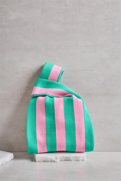 Yeşil-Pembe Çizgili Triko Poşet Çanta