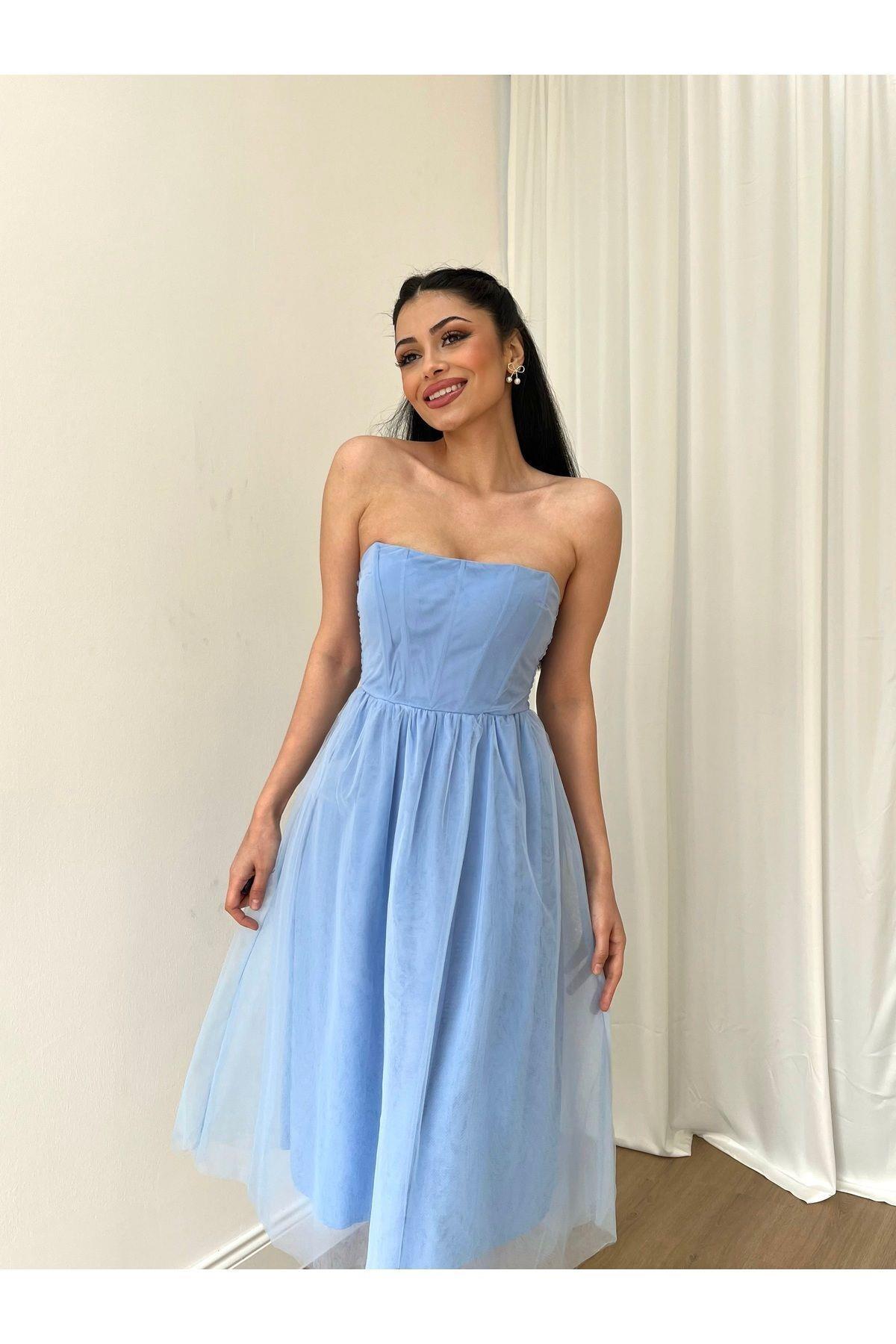 Abiye Kadın Straplez Drapeli Slim Fit Kloş Tül Etekli Midi Tül Elbise - Abiye ve Mezuniyet Elbisesi