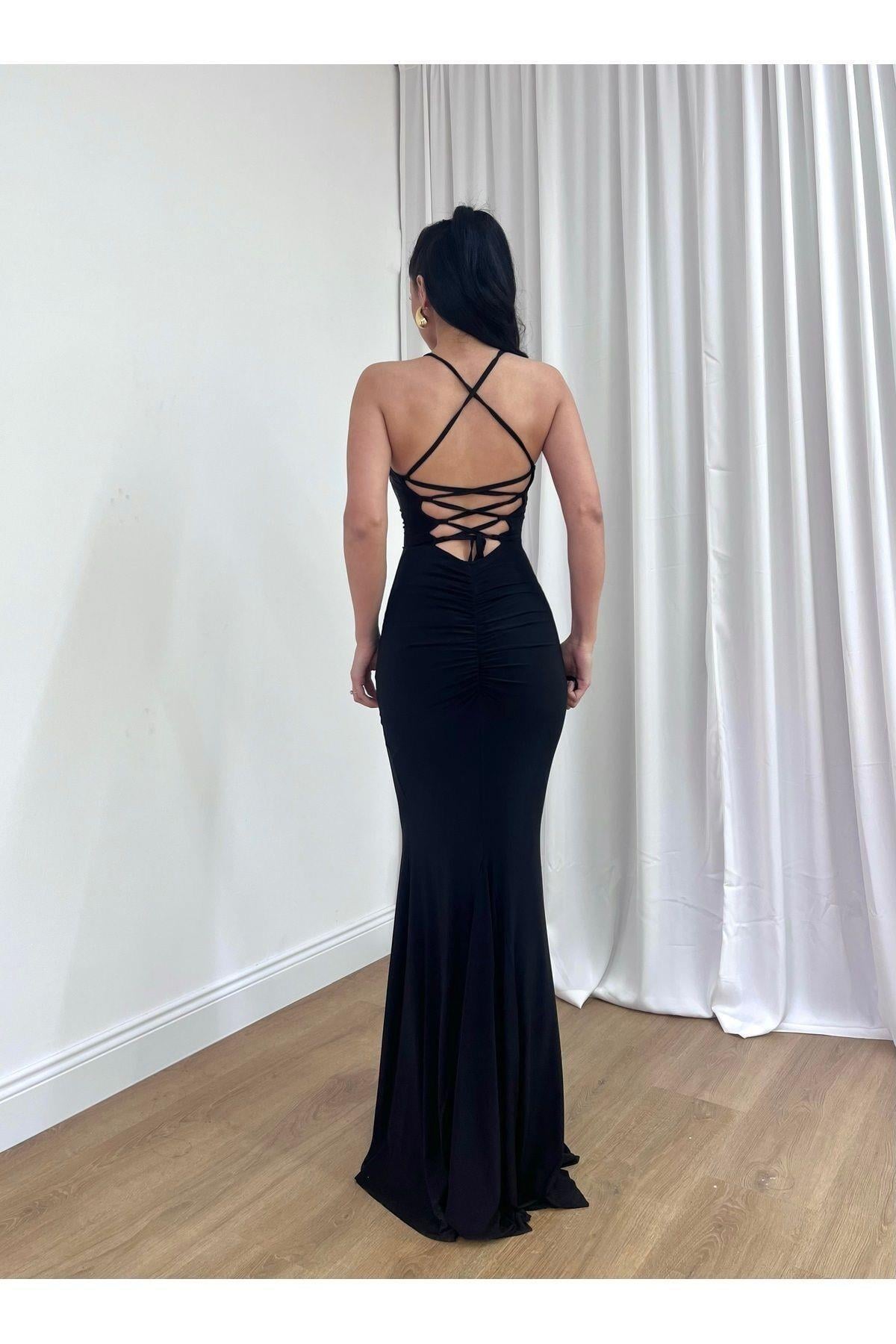 Kadın Abiye İp Askılı Derin Sırt Dekolteli Sırt Çapraz İp Detaylı Bodycon Likralı Maxi Elbise