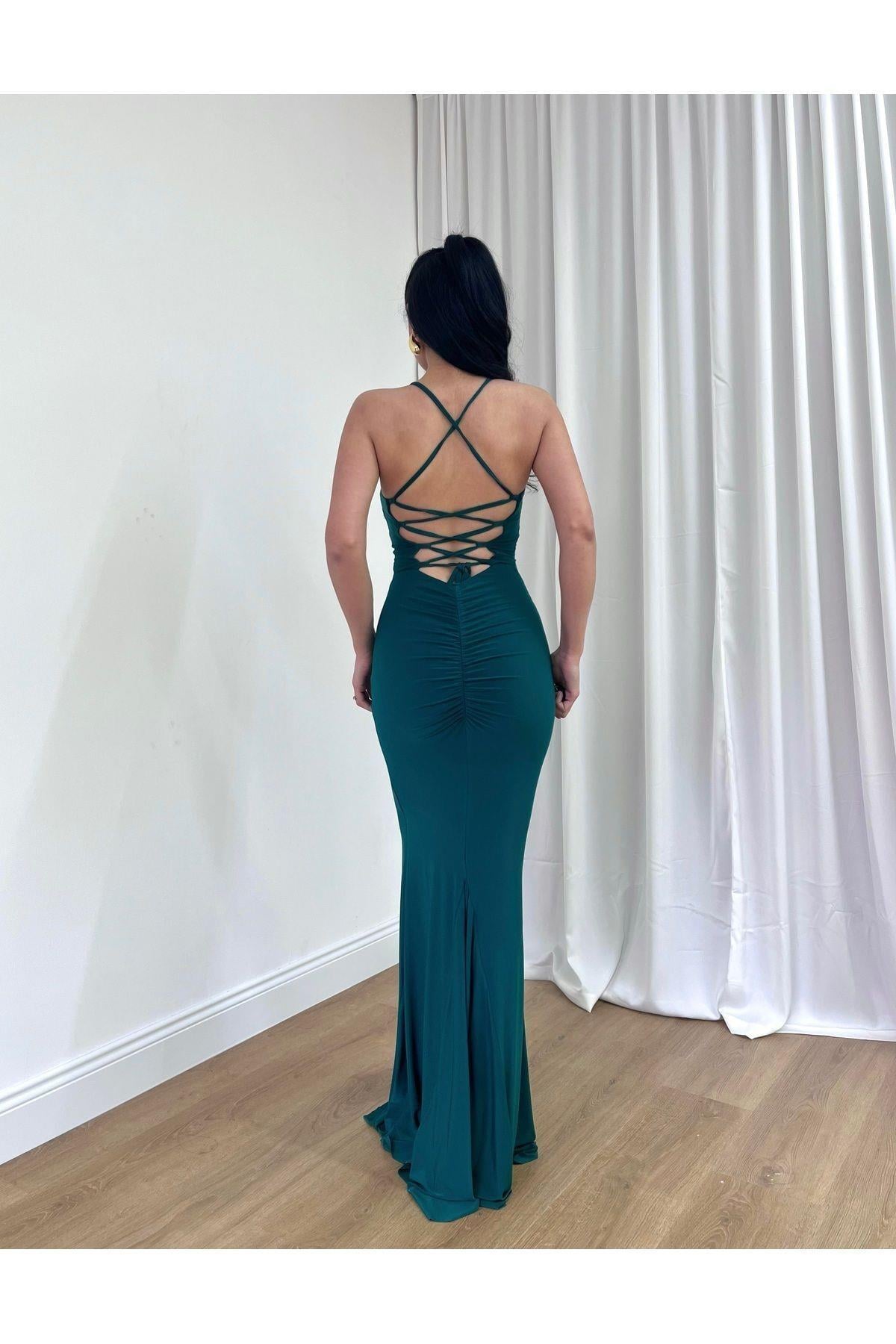 Kadın Abiye İp Askılı Derin Sırt Dekolteli Sırt Çapraz İp Detaylı Bodycon Likralı Maxi Elbise