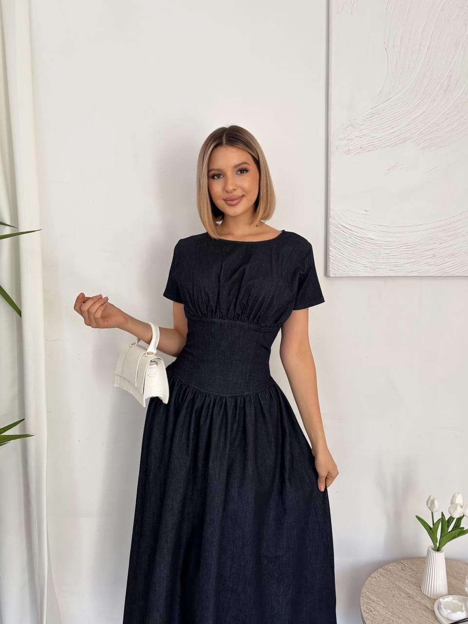 Kadın Abiye Kısa Kollu Kloş Etekli Denim Kot Pileli Midi Elbise  - Abiye & Mezuniyet Elbisesi