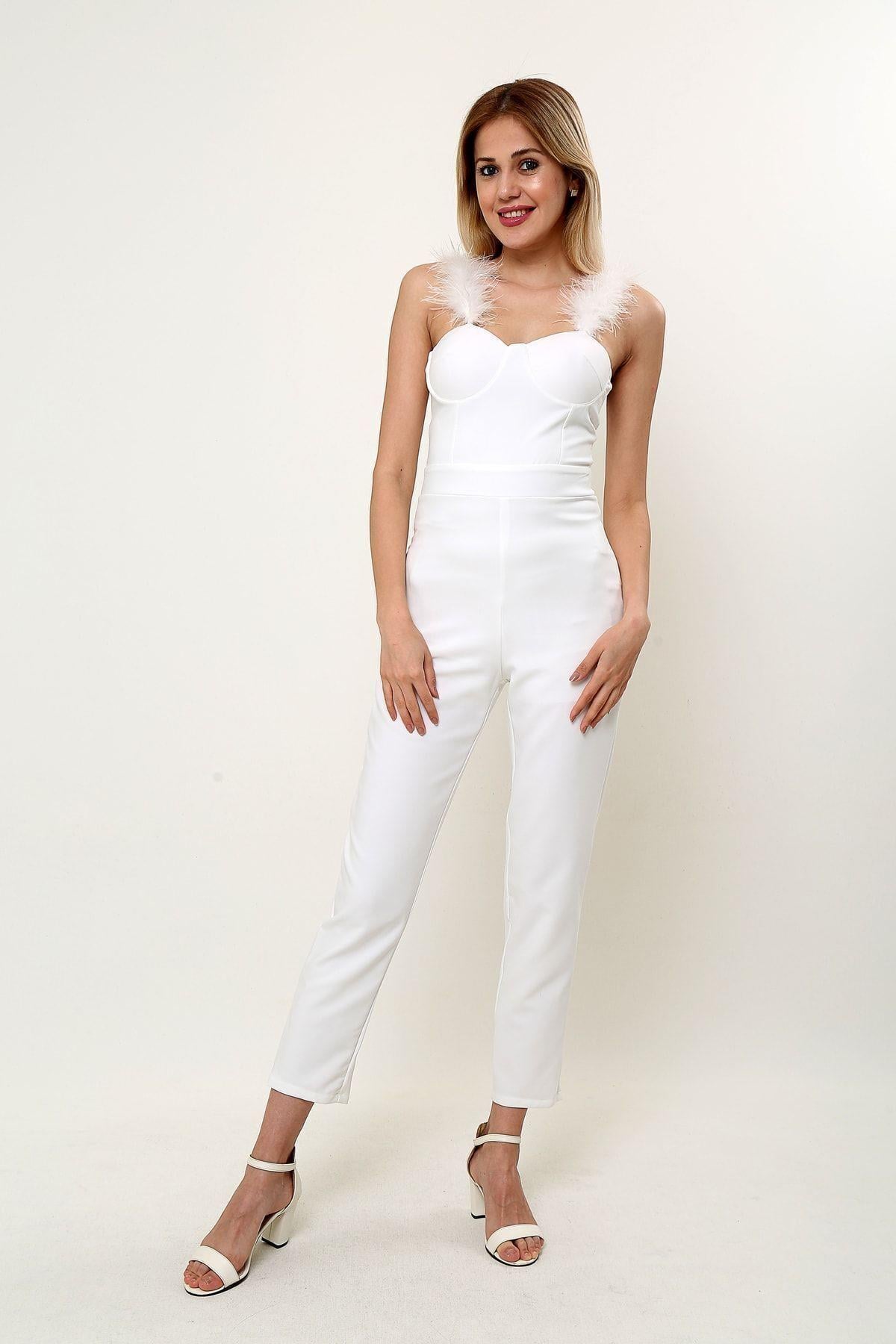 Kadın Abiye Tulum Elbise Krep Kumaş Tül Askı Detay, Siyah Ve Beyaz Jumpsuit Misscix Kalitesi