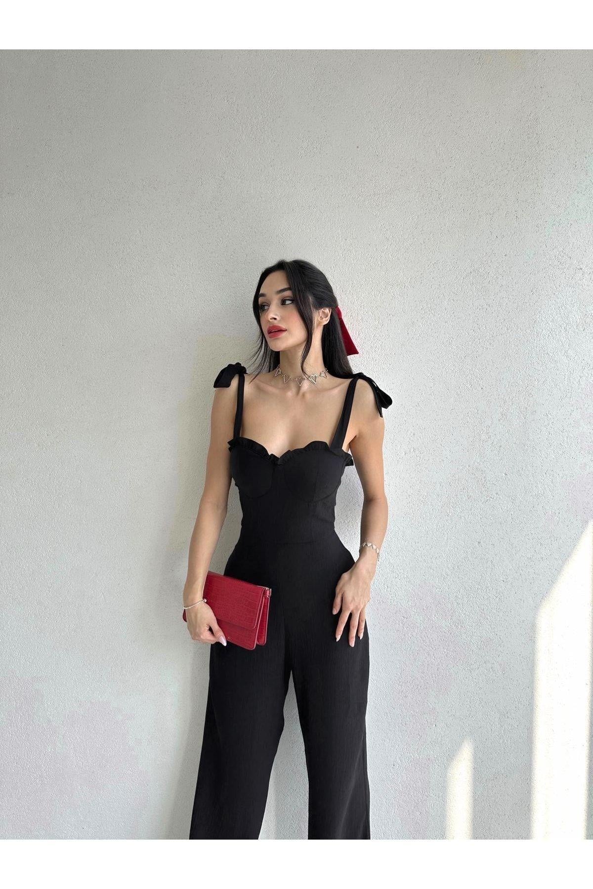 Kadın Abiye Tulum Omuzdan Bağlama Detaylı Göğüs Cuplu Askılı Siyah Tulum Elbise