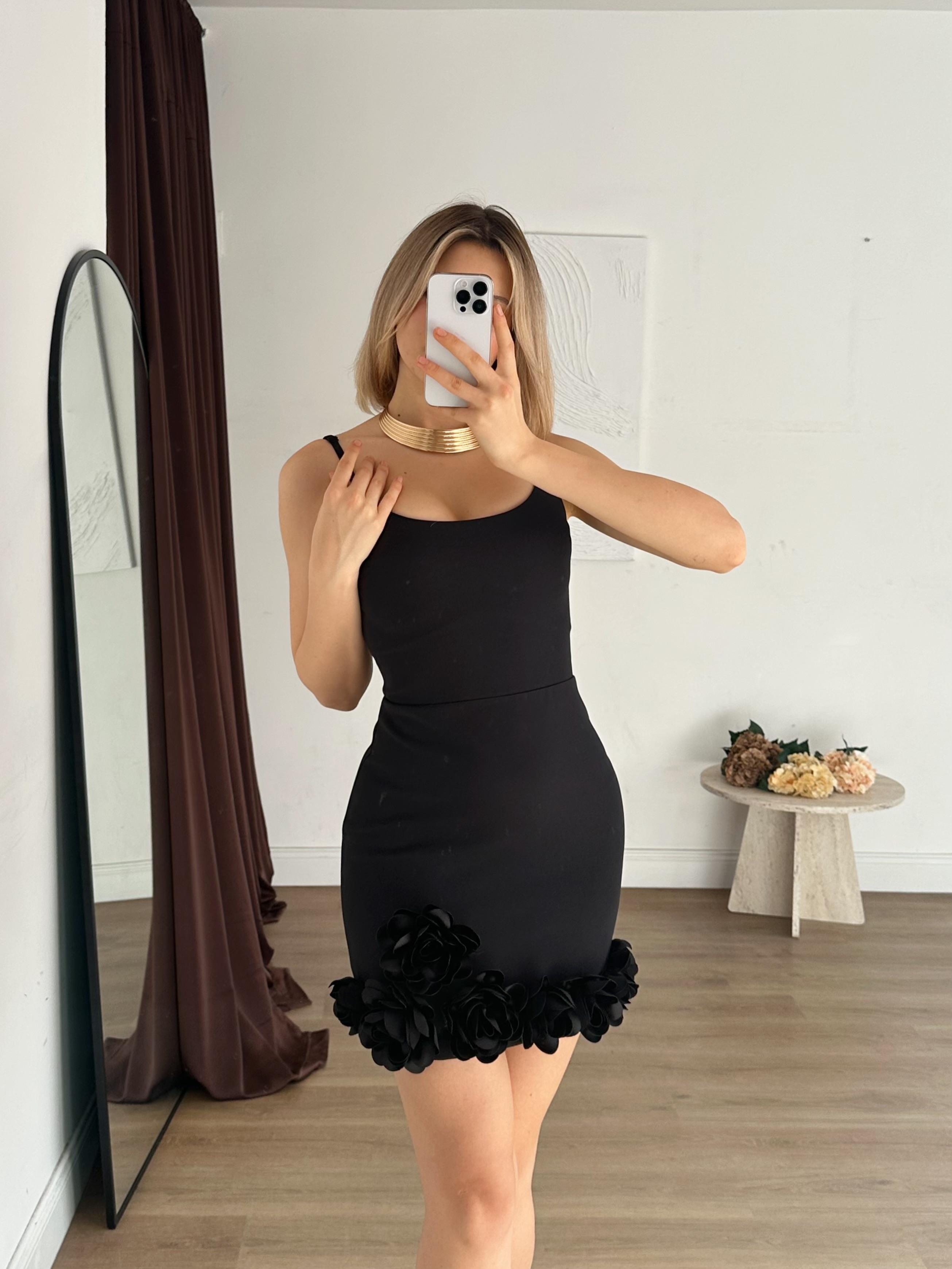 Kadın Askılı Kare Yaka Altı Gül Detaylı Mini Abiye Mezuniyet Elbisesi