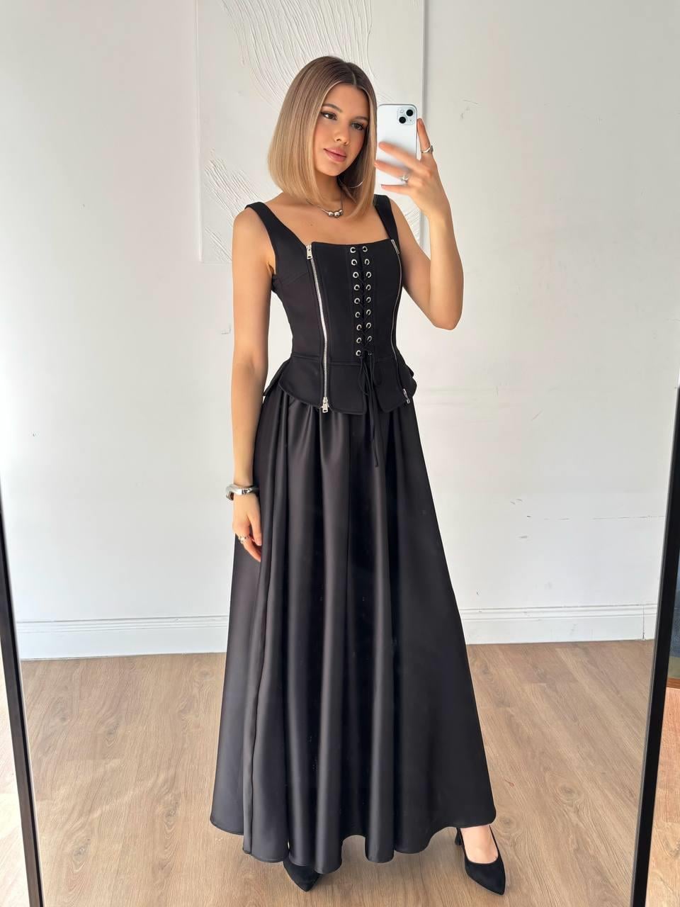 Kadın Bağlama Bacıklı Korseli Pileli Abiye Mezuniyet Elbisesi