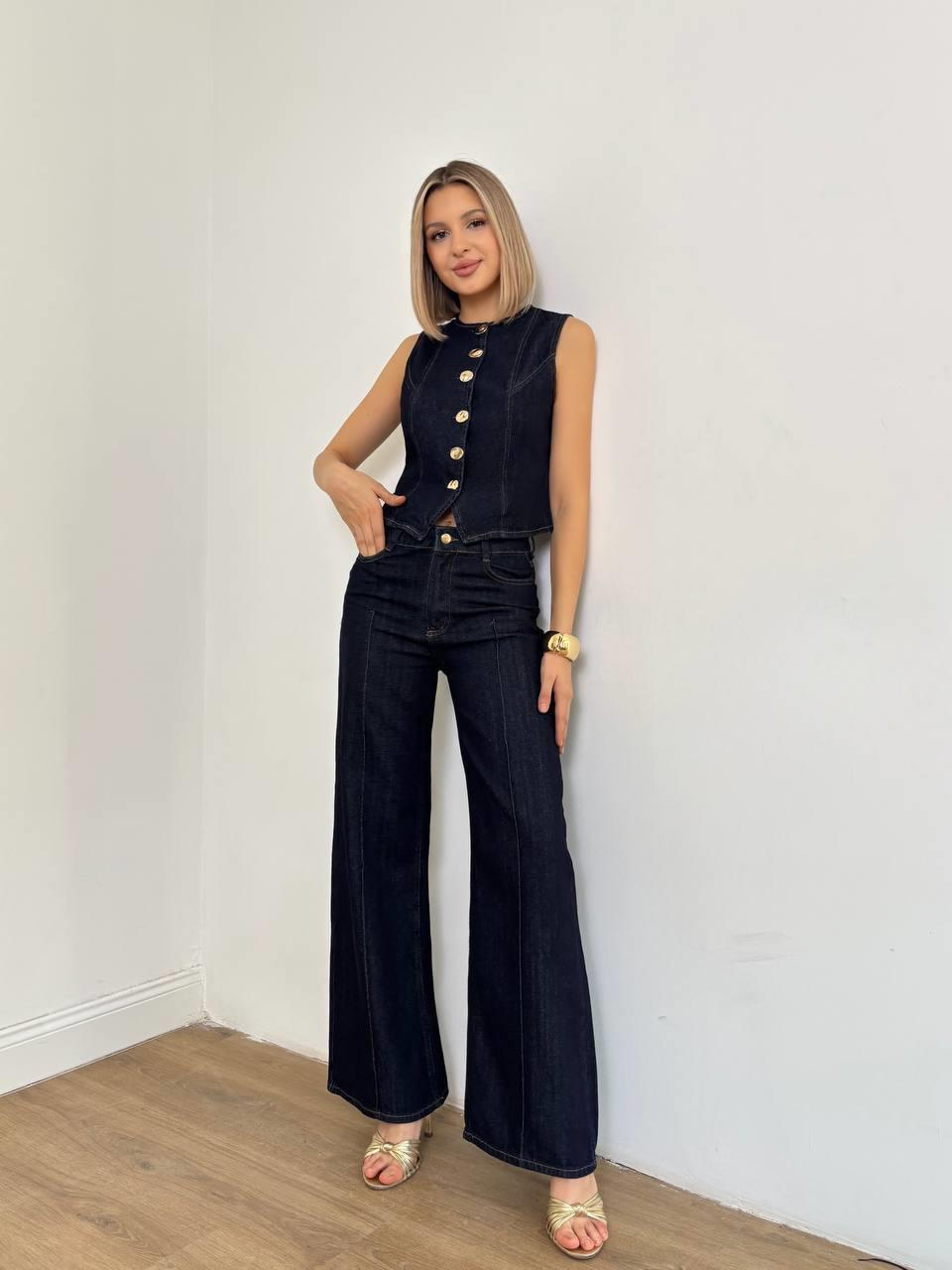 Kadın Denim Düğme Detaylı İkili Takım