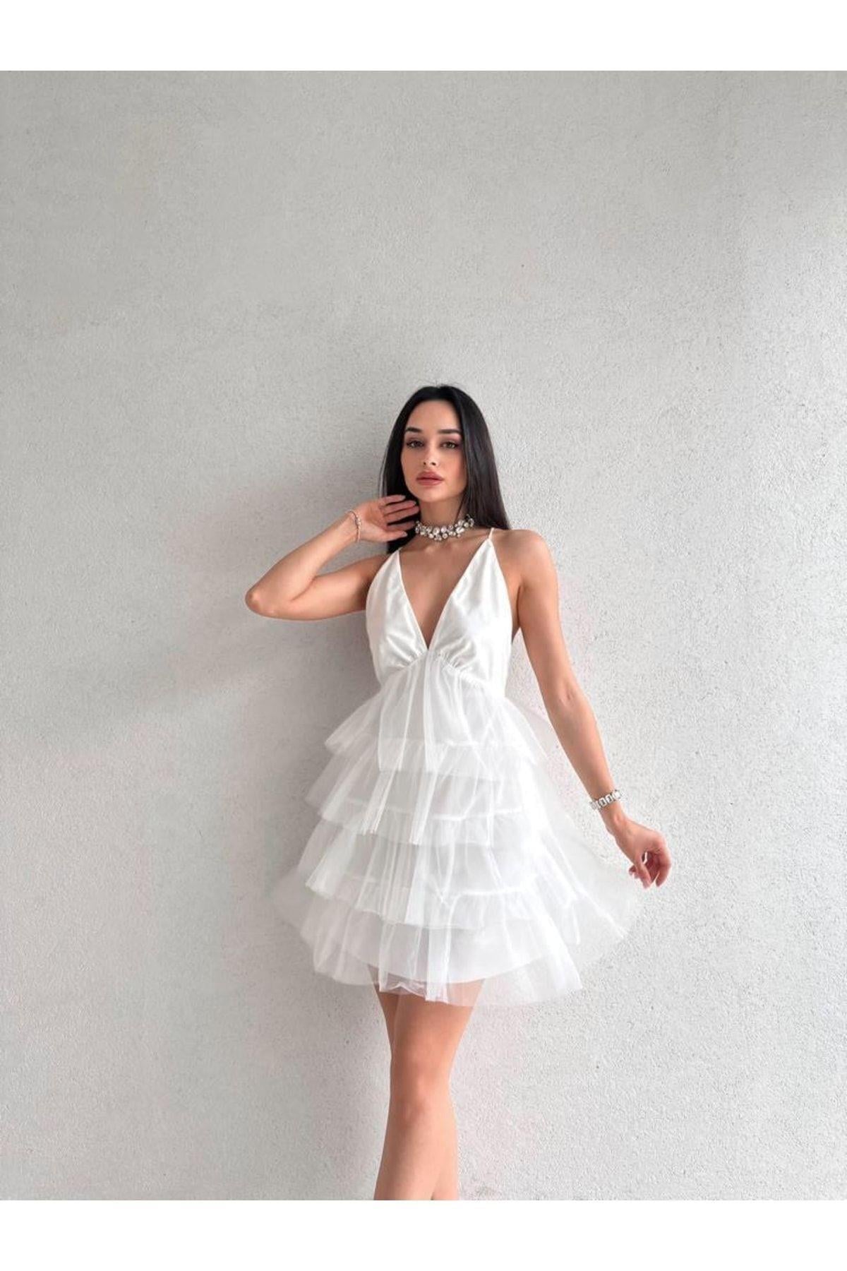 Kadın Elbise Tütü Etekli Beyaz Mini Tül Elbise