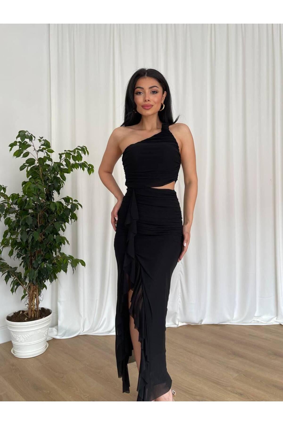 Kadın Tek Askılı Gül Detaylı Fırfır Yırtmaçlı Bodycon Maxi Elbise Abiye & Mezuniyet Elbisesi