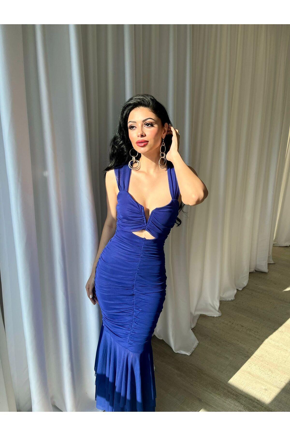 Kalın Askılı Boydan Sık Drapeli Göbek Pencere Detay Midi Bodycon Elbise - Abiye & Mezuniyet Elbisesi
