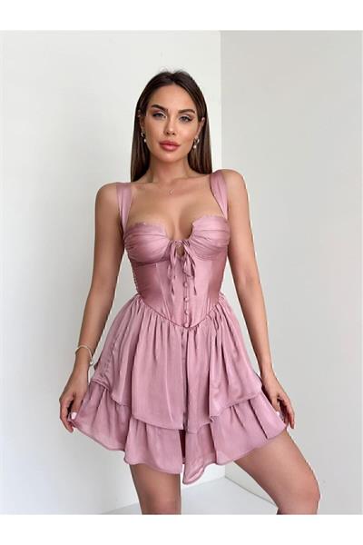 Göğüs Detaylı Kalın Askılı Sırt Dekolteli Pudra Mini Elbise - Abiye & Mezuniyet Elbisesi