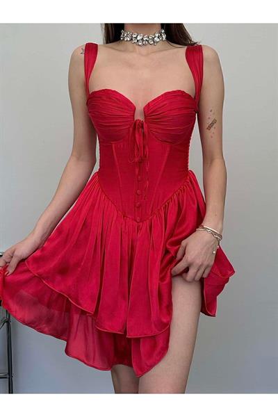Göğüs Detaylı Kalın Askılı Sırt Dekolteli Kırmızı Mini Elbise - Abiye & Mezuniyet Elbisesi