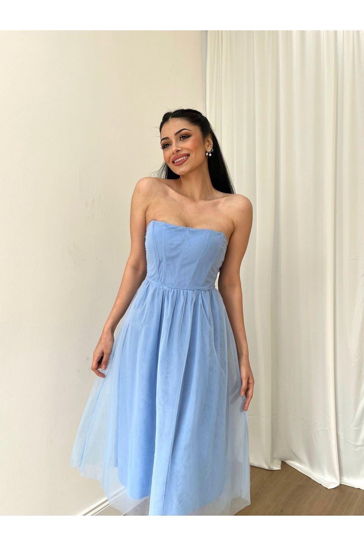Abiye Kadın Straplez Drapeli Slim Fit Kloş Tül Etekli Midi Tül Elbise - Abiye ve Mezuniyet Elbisesi