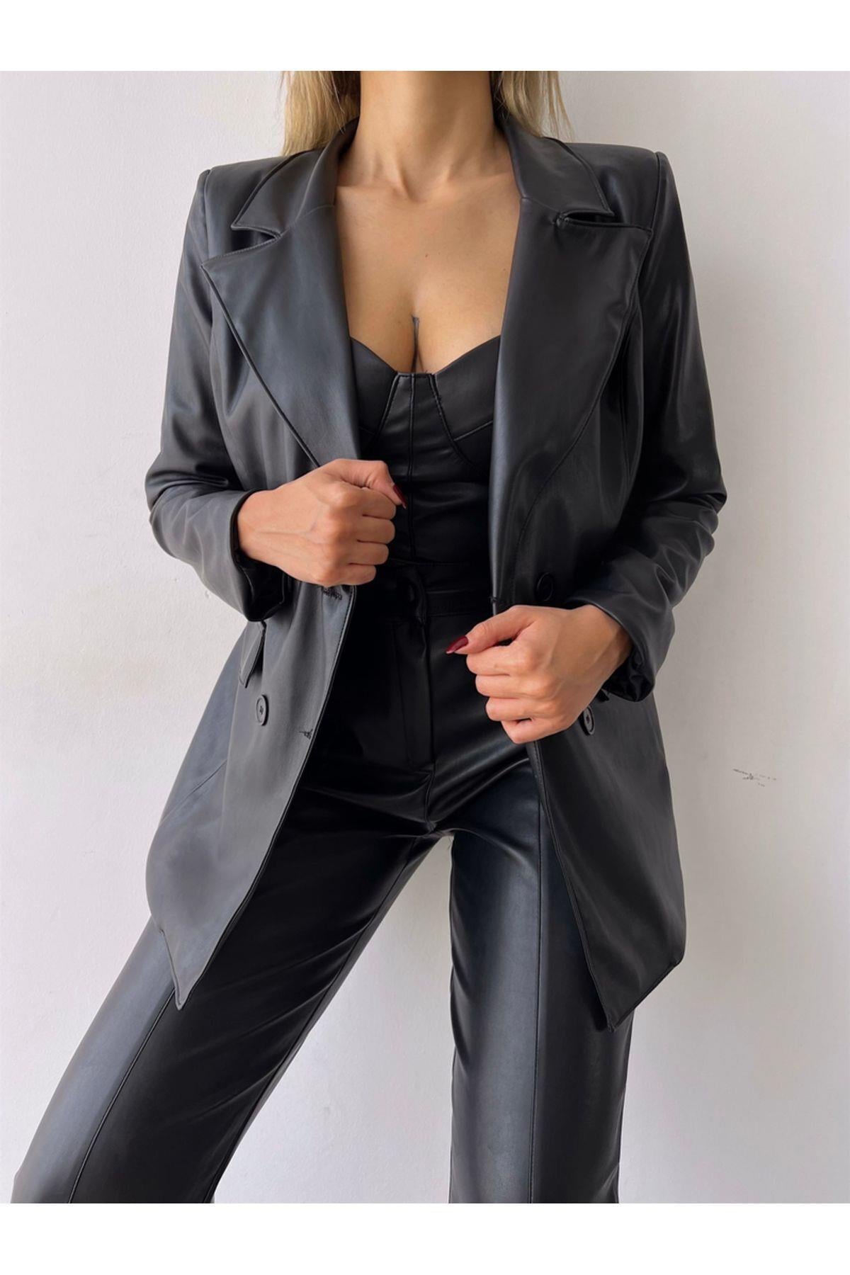 Blazer Ceket Cap'li (KUPLU) Büstiyer Ve Pantolon Kadın Vegan Deri Siyah Üçlü Takım