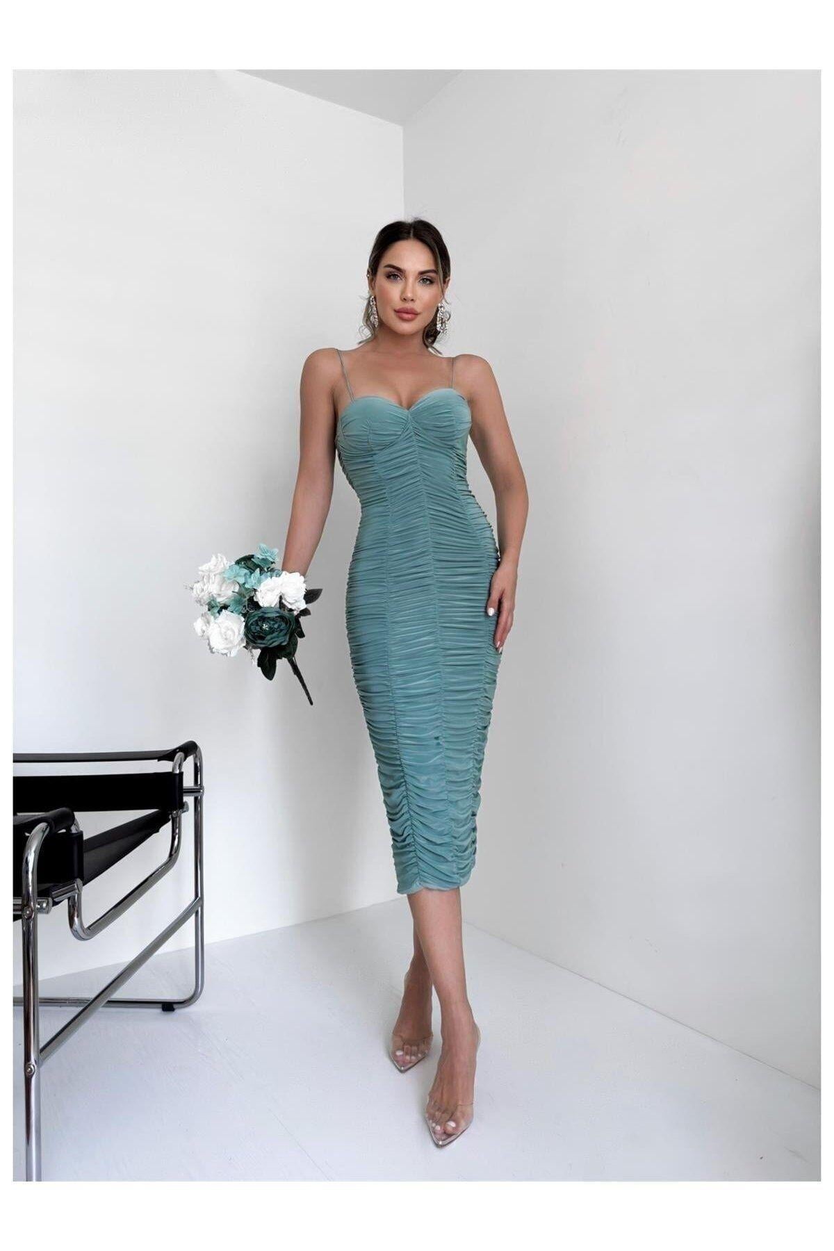 Ip Askılı Boydan Sık Drapeli Mint Yeşili Midi Elbise - Abiye & Mezuniyet Elbisesi