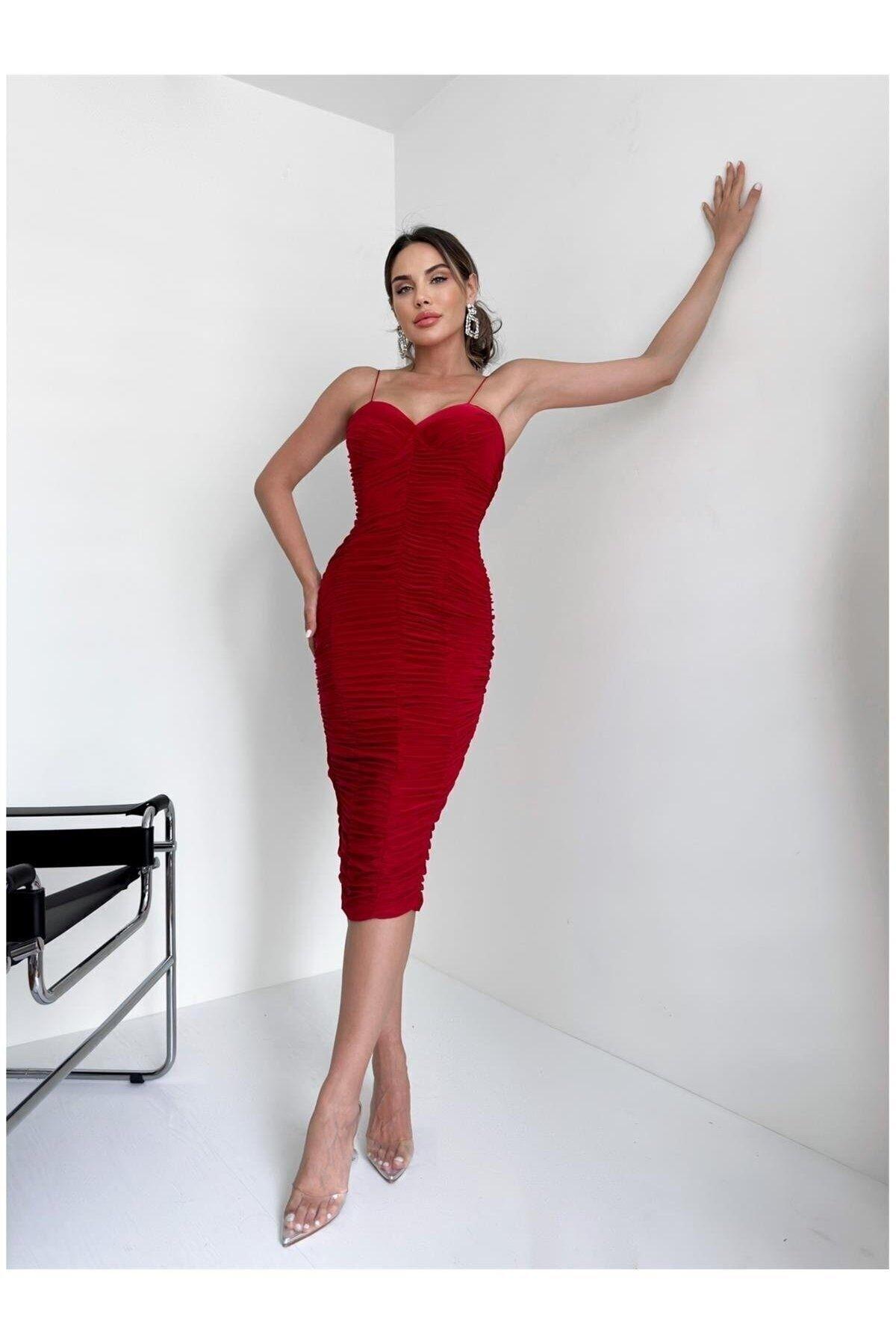 Ip Askılı Kırmızı Boydan Sık Drapeli Kırmızı Midi Elbise - Abiye & Mezuniyet Elbisesi