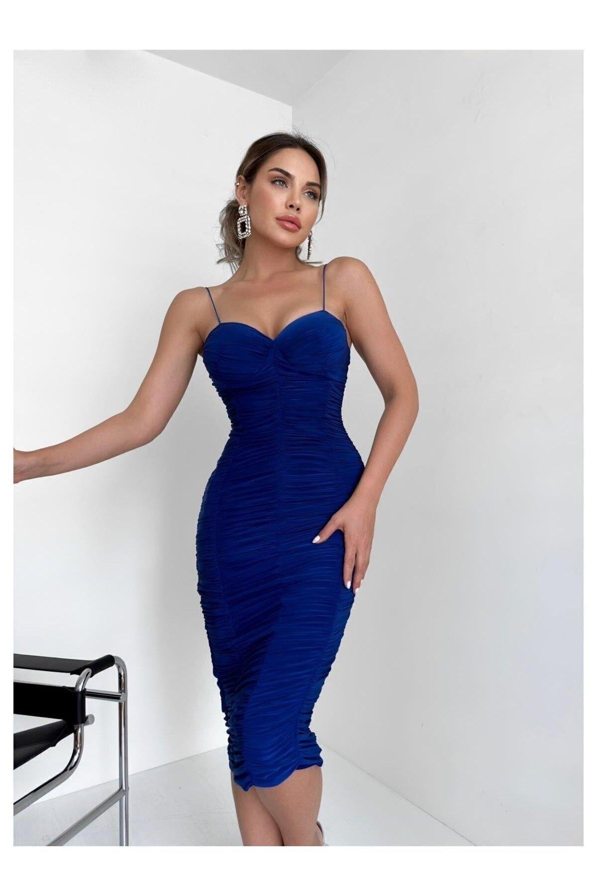 Ip Askılı Mavi Boydan Sık Drapeli Sax Mavi Midi Elbise - Abiye & Mezuniyet Elbisesi